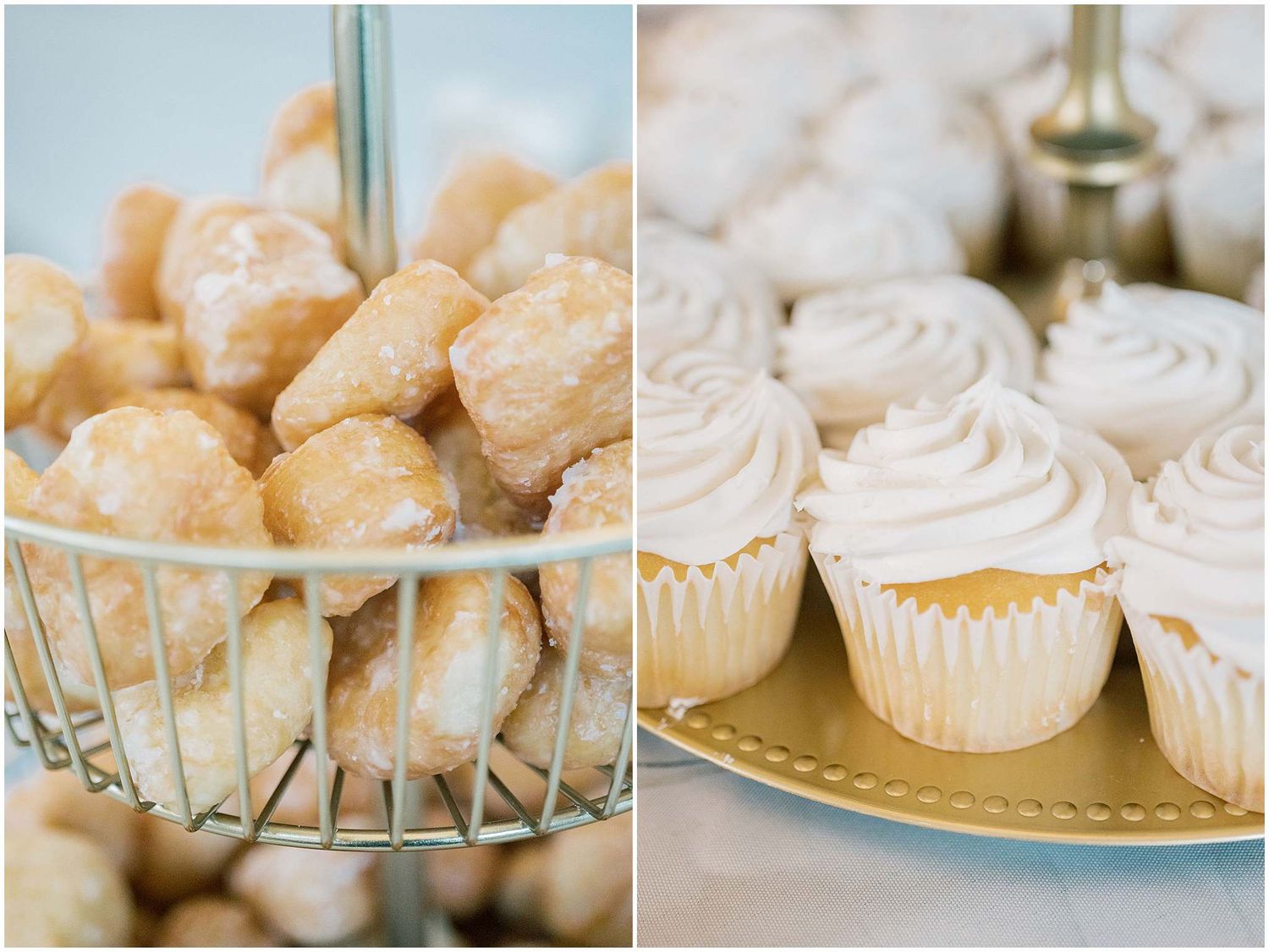 Row of homemade vanilla cupcakes with white frosting displayed on elegant serving plates.