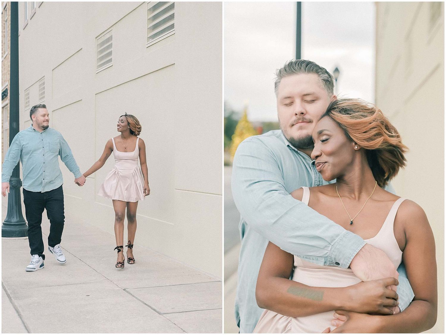 A series of romantic engagement photos showing a couple in casual attire walking and embracing against a light colored wall.