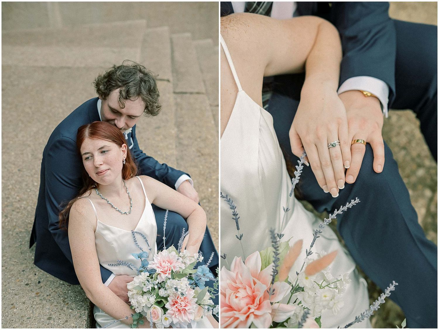 Close-up details of bridal bouquet with pink and white flowers against formal attire.