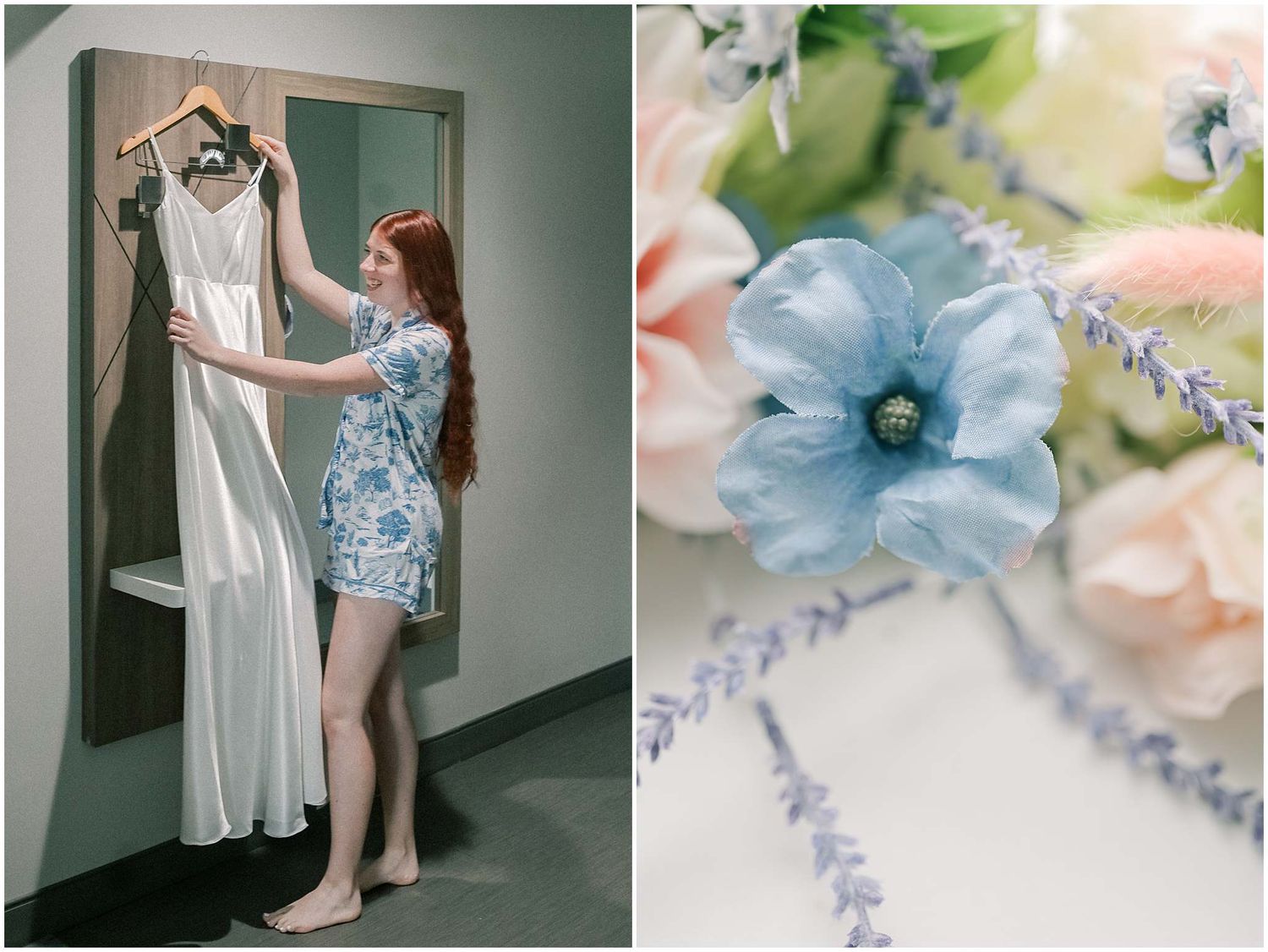 Wedding details featuring delicate blue and pink floral decorations with ribbons.
