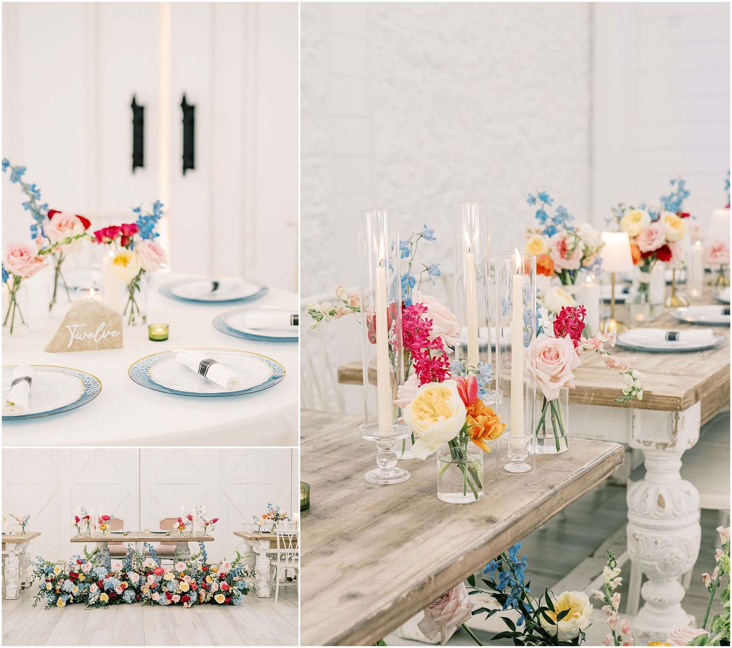Elegant wedding reception tables adorned with colorful floral centerpieces, blue plates, and tall candles in a bright white venue.