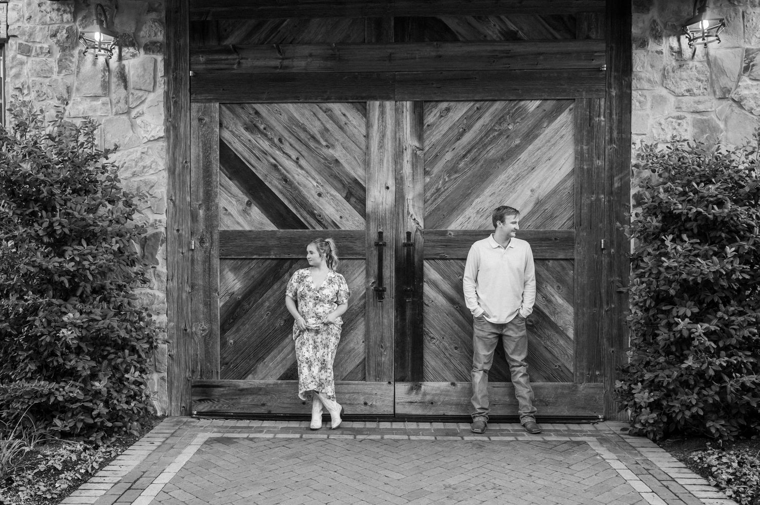 A series of black and white photos show people standing in front of rustic barn doors in similar poses.