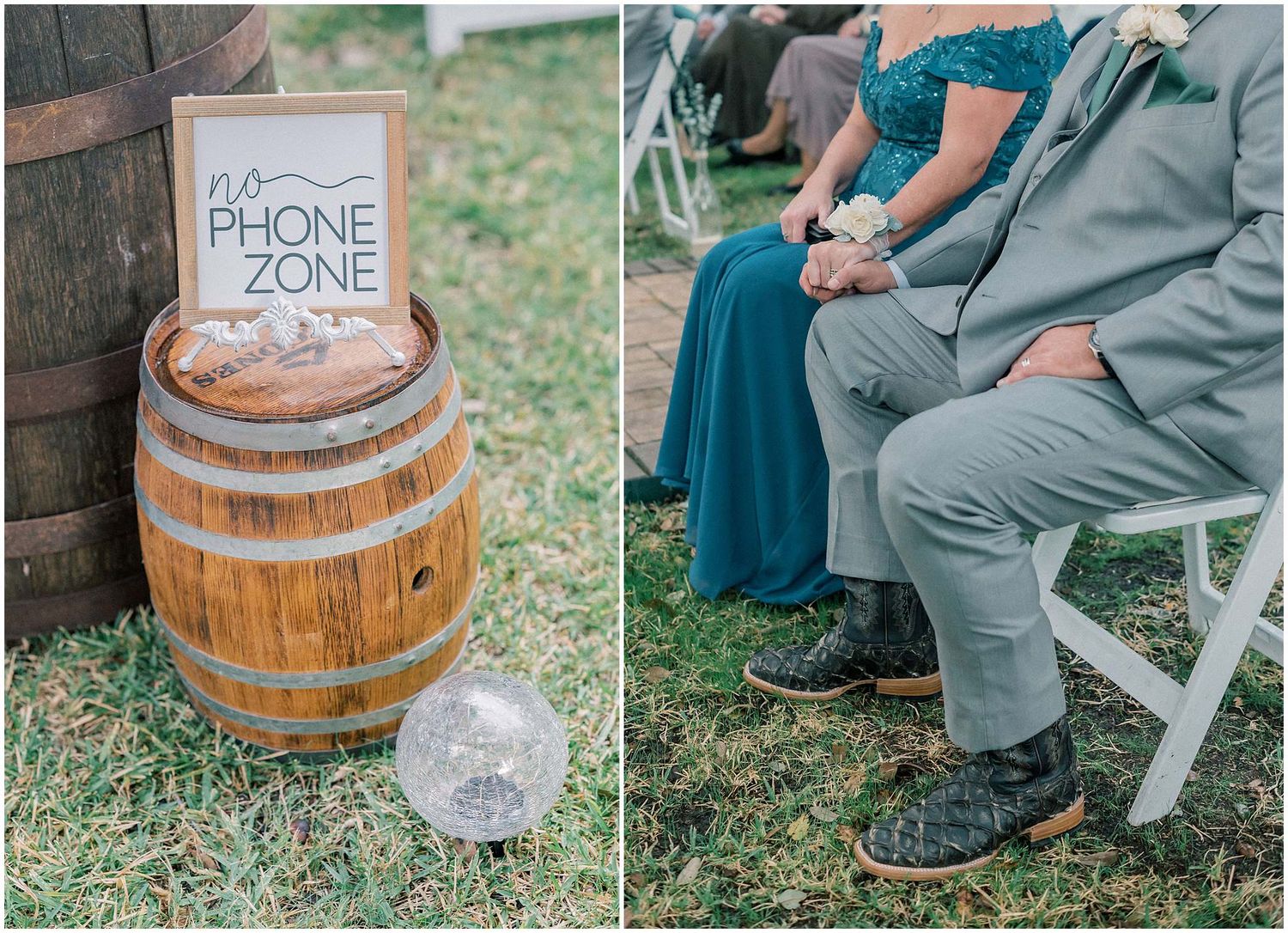 A row of wedding detail photos showing wooden barrels, chairs, and a no phone zone sign in an outdoor garden setting.
