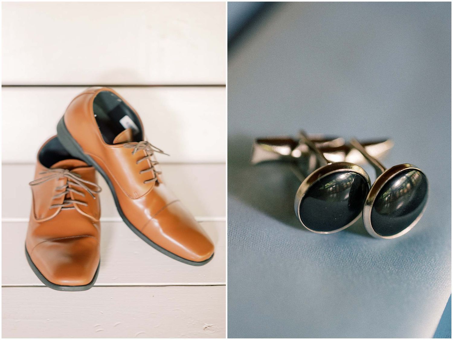 A collection of brown leather dress shoes and formal footwear arranged in a horizontal row against a neutral background.