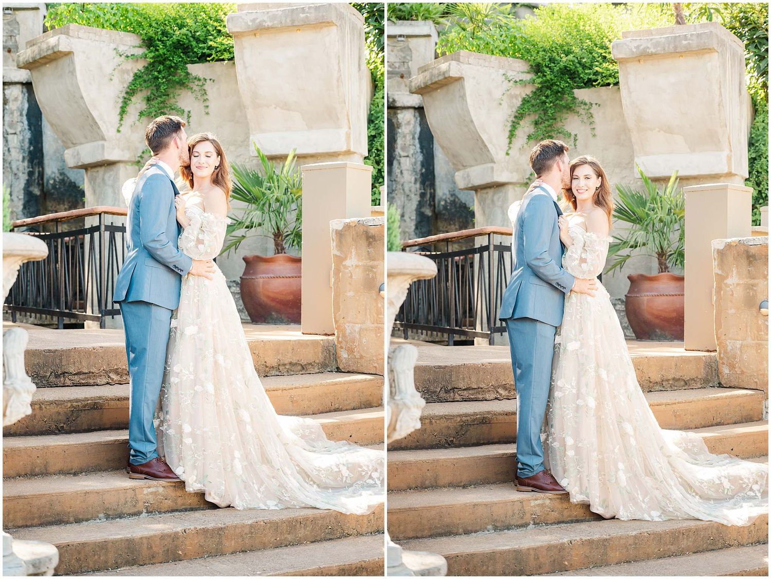Wedding couple poses on stone steps at outdoor venue with natural lighting and romantic atmosphere.
