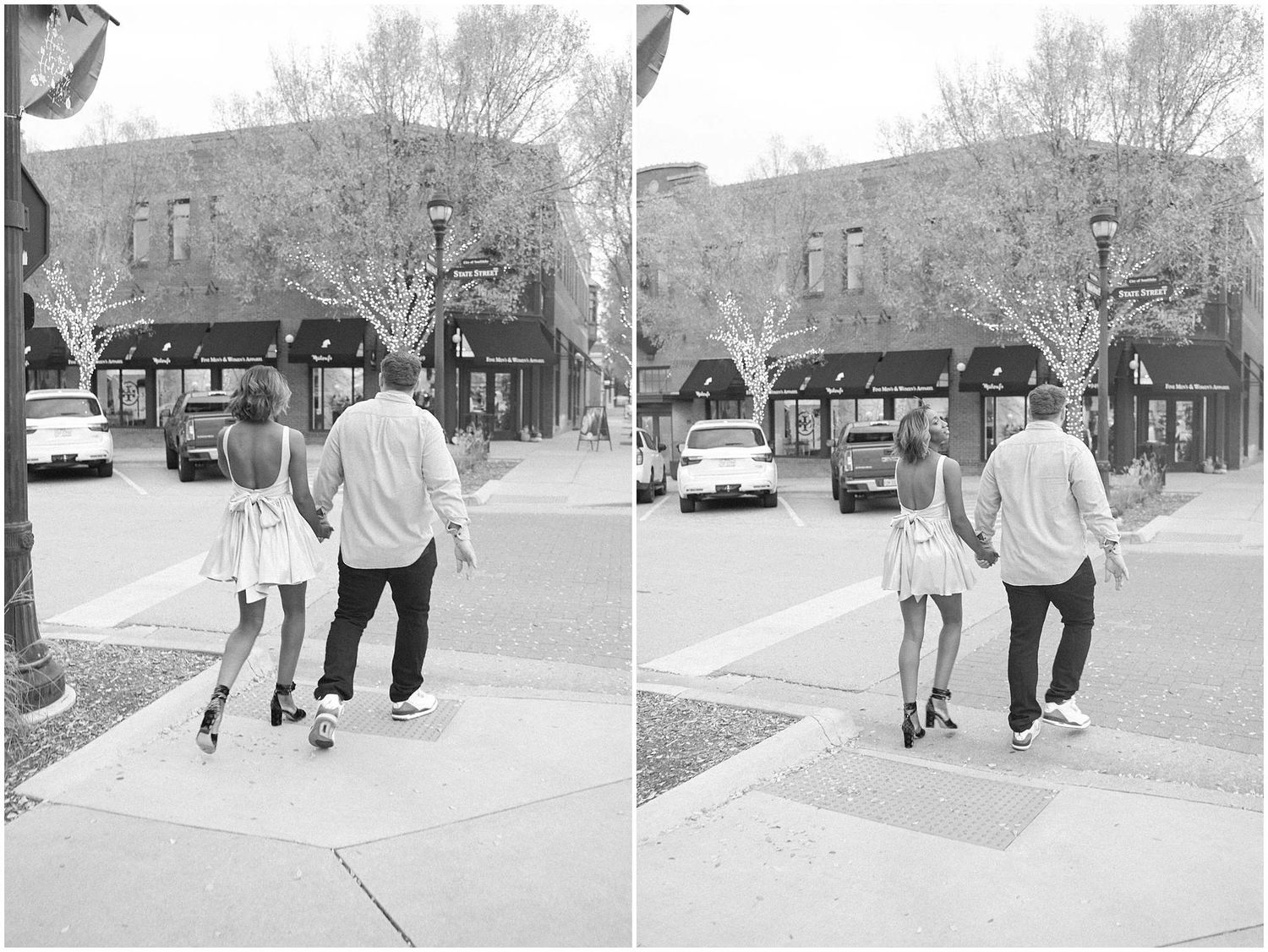 A sequence of black and white photographs showing people walking on a sidewalk in an urban setting.