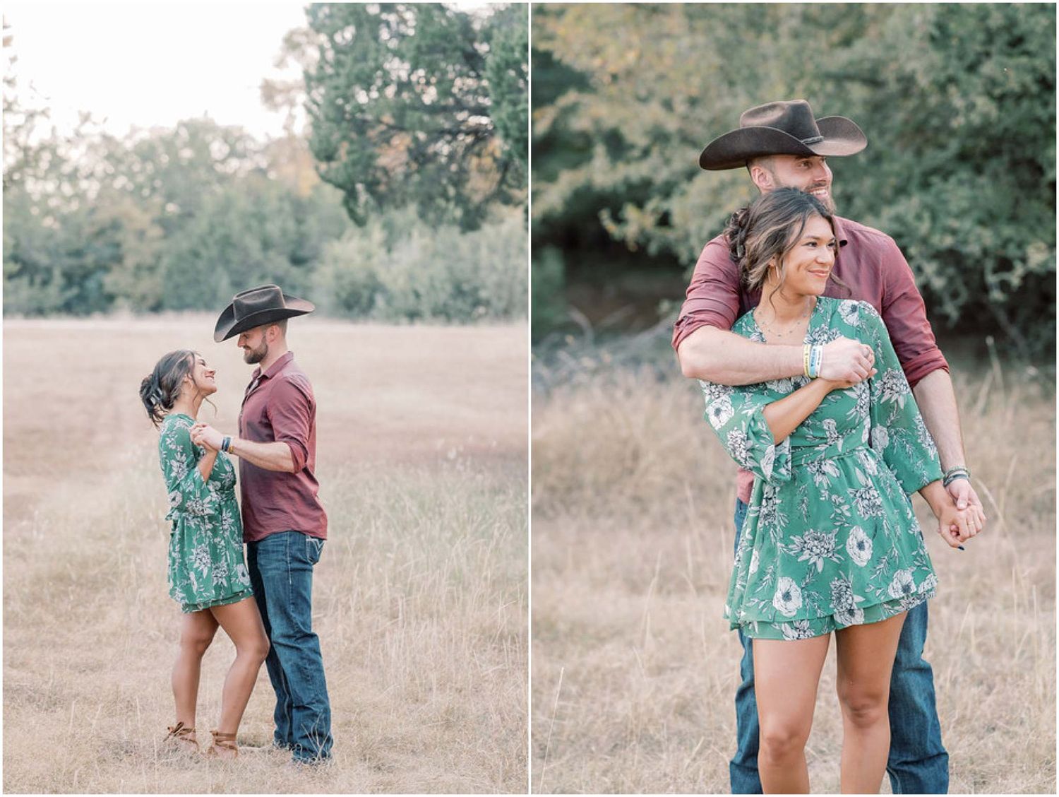 Couple in western and floral attire dancing together in a grassy field.