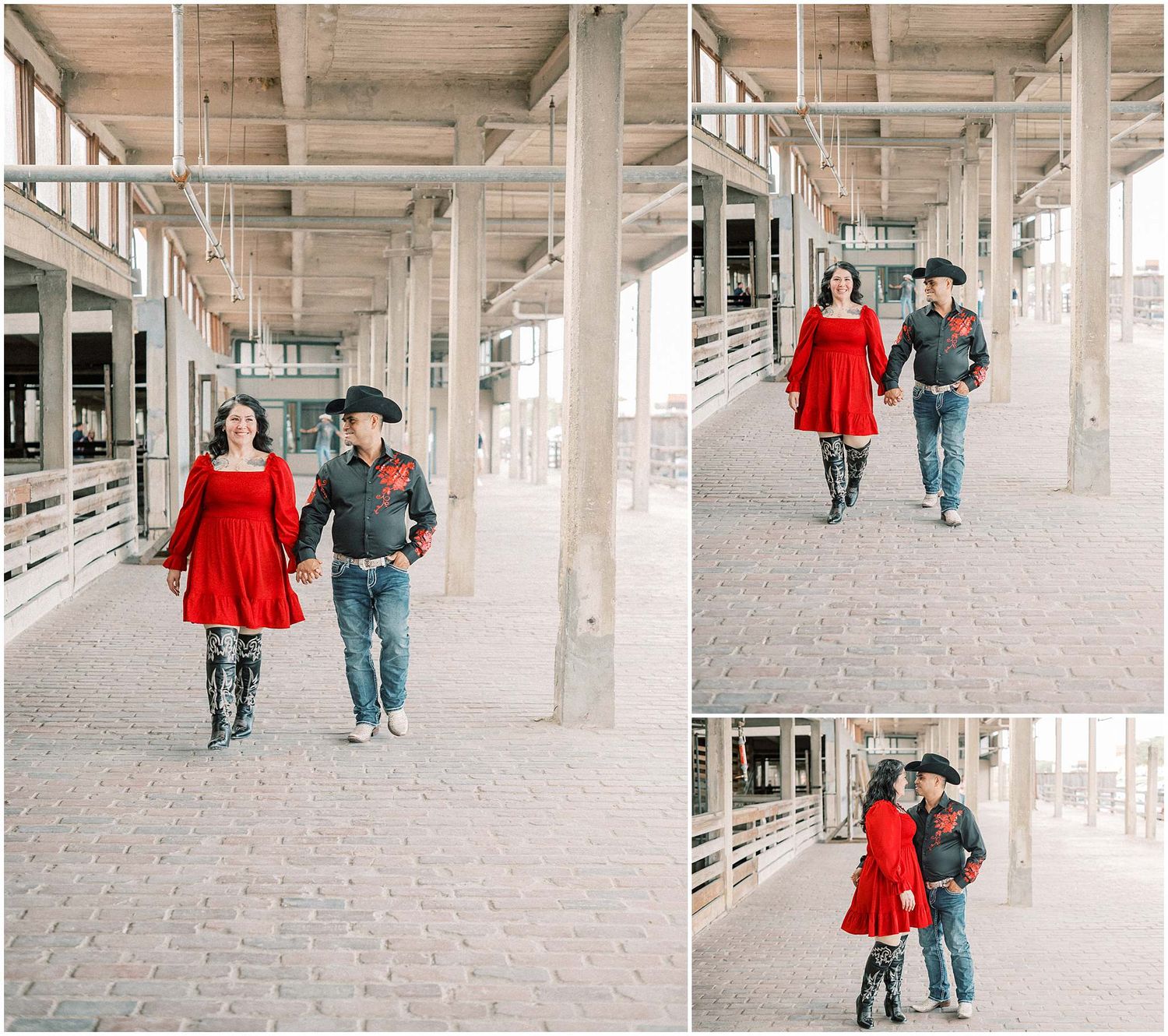 Two people walk together down a bright industrial hallway with concrete pillars.