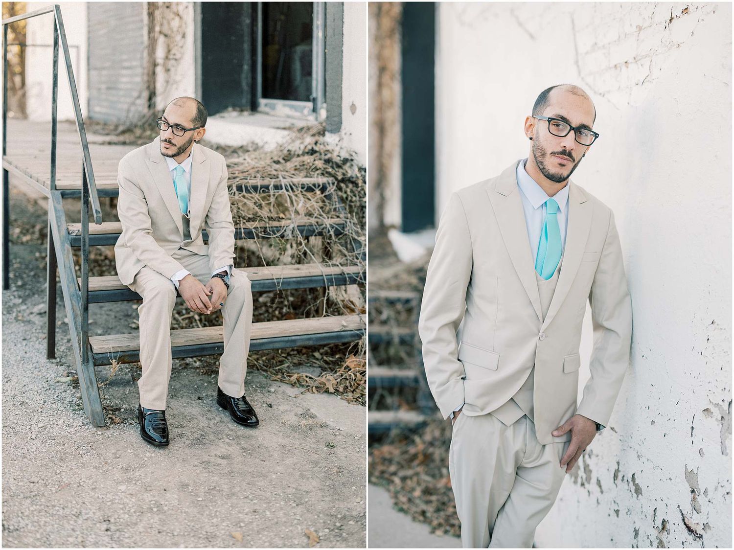 Wedding attire featuring light beige suit with turquoise tie against weathered building exterior.