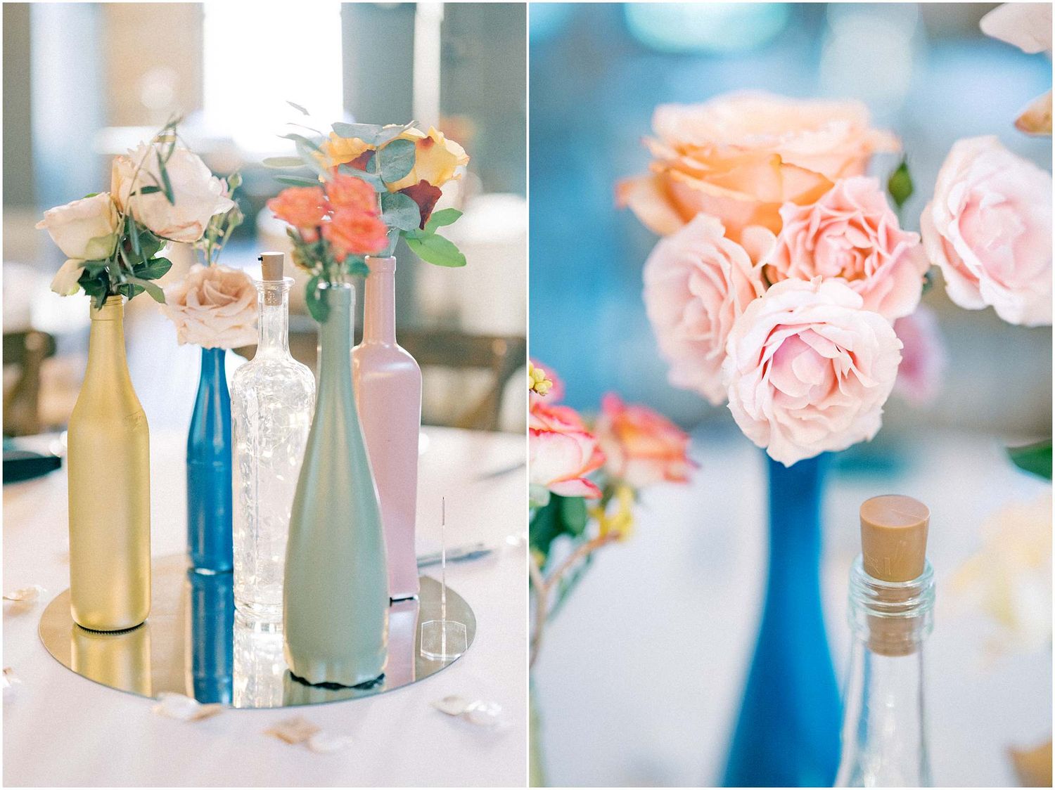 Elegant table setting with blue and pink glass bottles as wedding reception centerpieces.