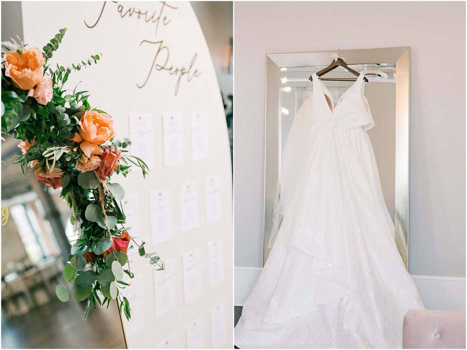 Wedding dress hanging elegantly with floral decorations in soft, natural light.