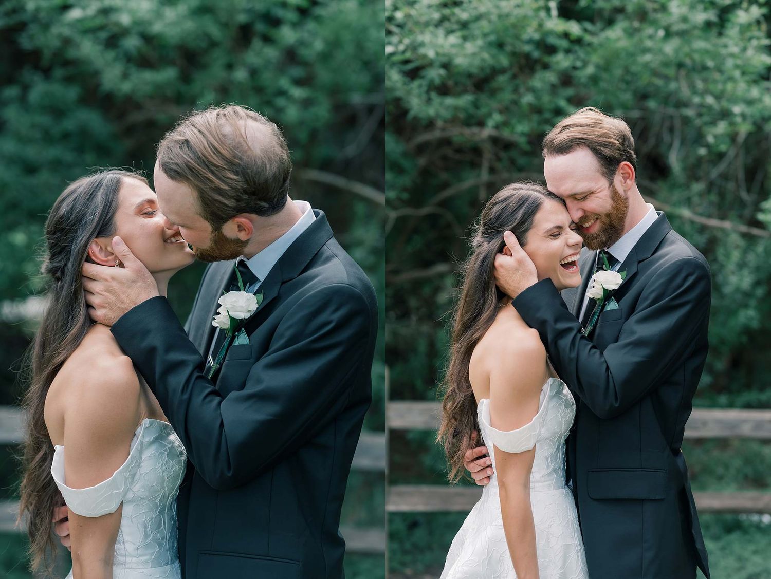 Romantic wedding couple shares intimate kisses in an outdoor garden setting with lush greenery.