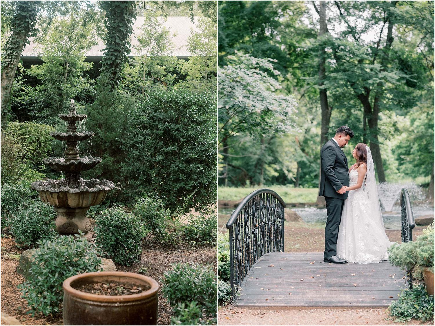 Garden wedding photography session featuring ornate fountains and natural landscaping.