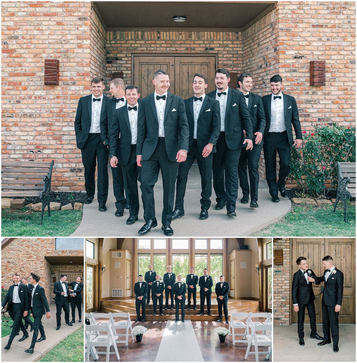 Wedding party in formal black tuxedos gathered at brick church venue.