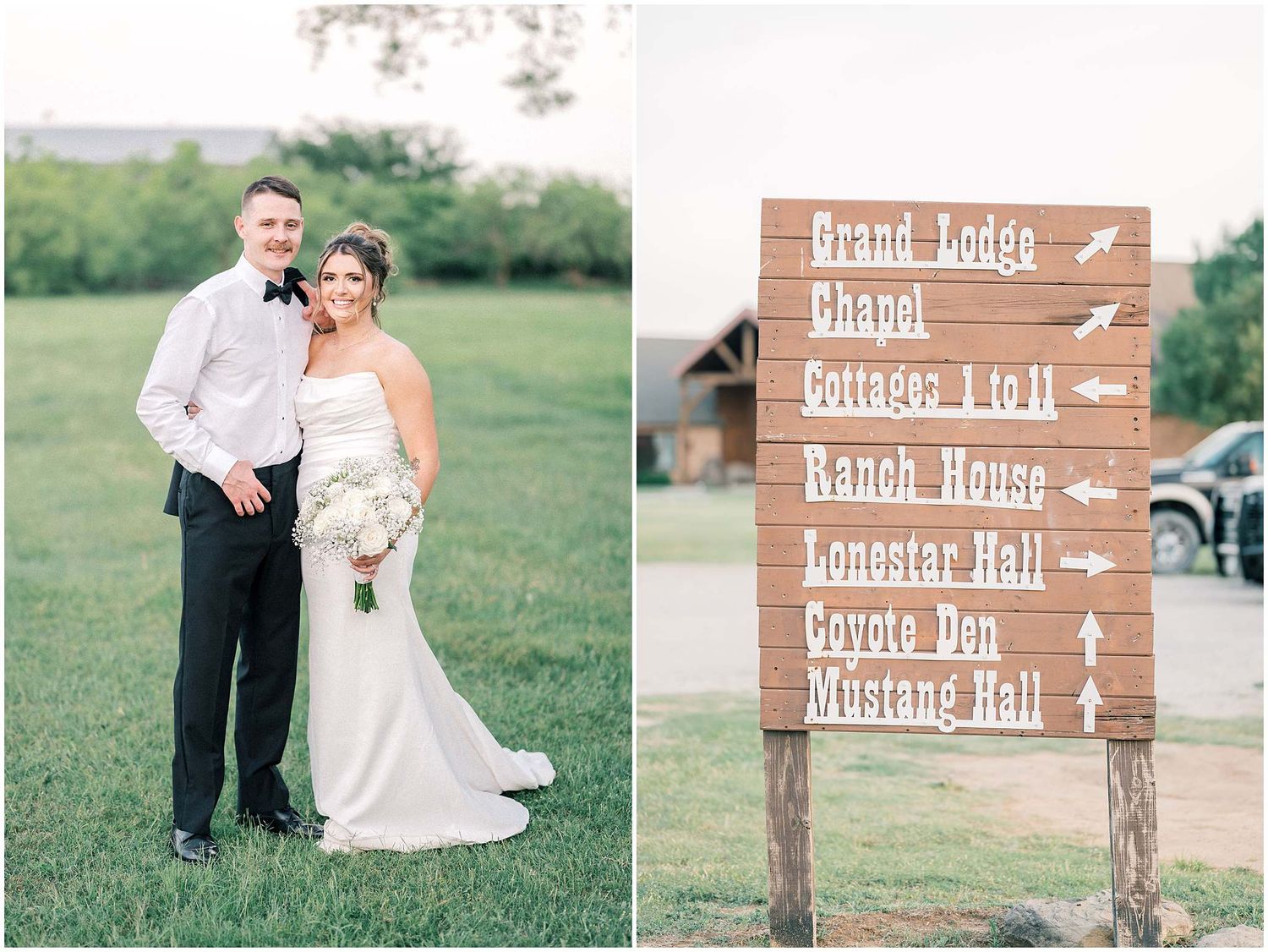 Rustic wooden directional wedding signs point guests to different event locations at an outdoor venue.