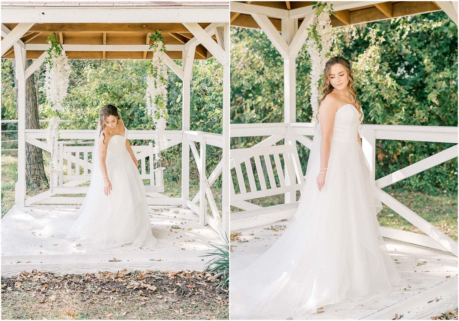 Bride in flowing white gown photographed in various poses at an outdoor gazebo venue.