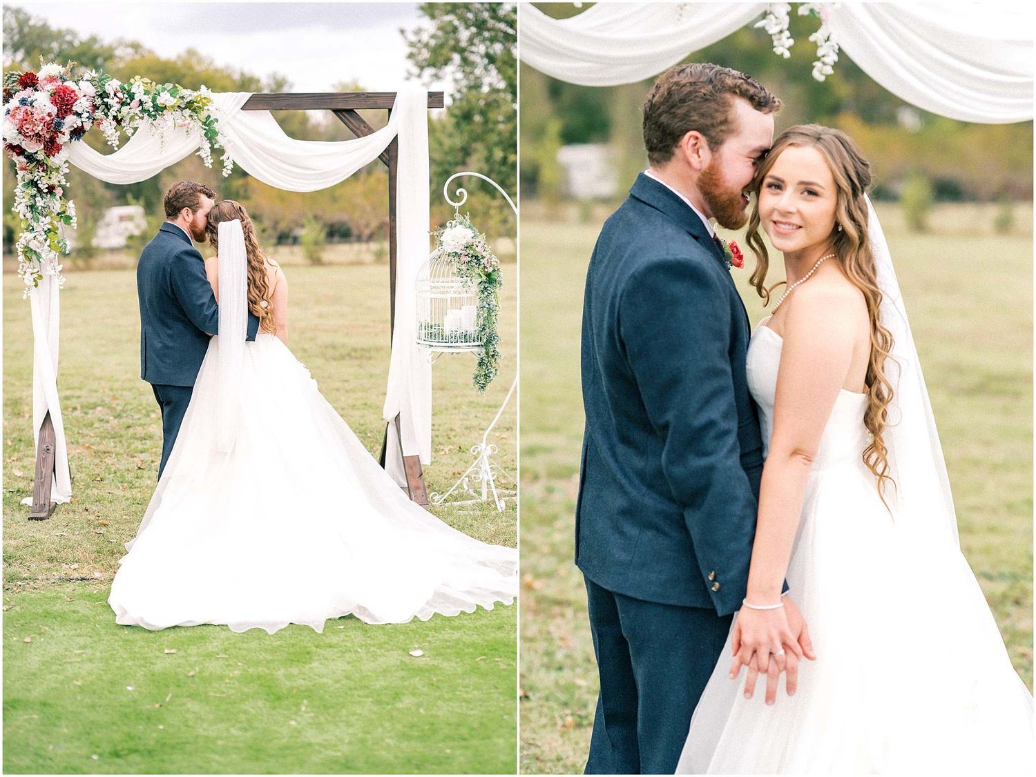 Wedding portraits taken under draped white fabric in a rustic outdoor setting.