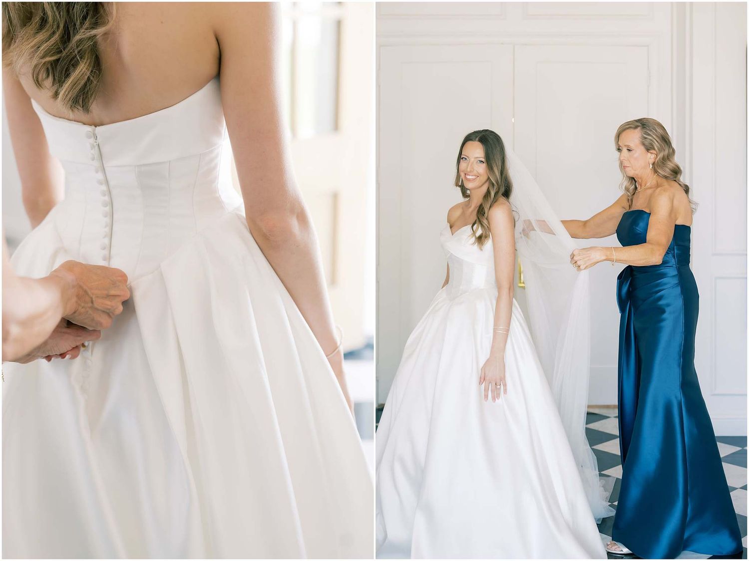 Bride in white ballgown getting veil adjusted by bridesmaid in blue satin dress during wedding preparation.