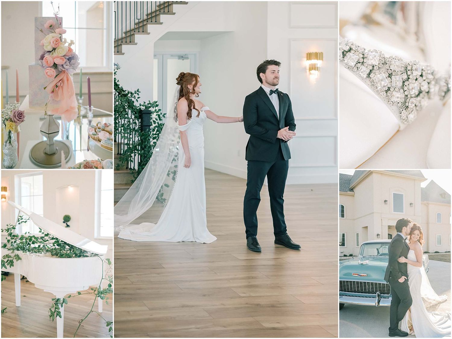 A romantic wedding photoshoot in an elegant white venue with natural light streaming through large windows.