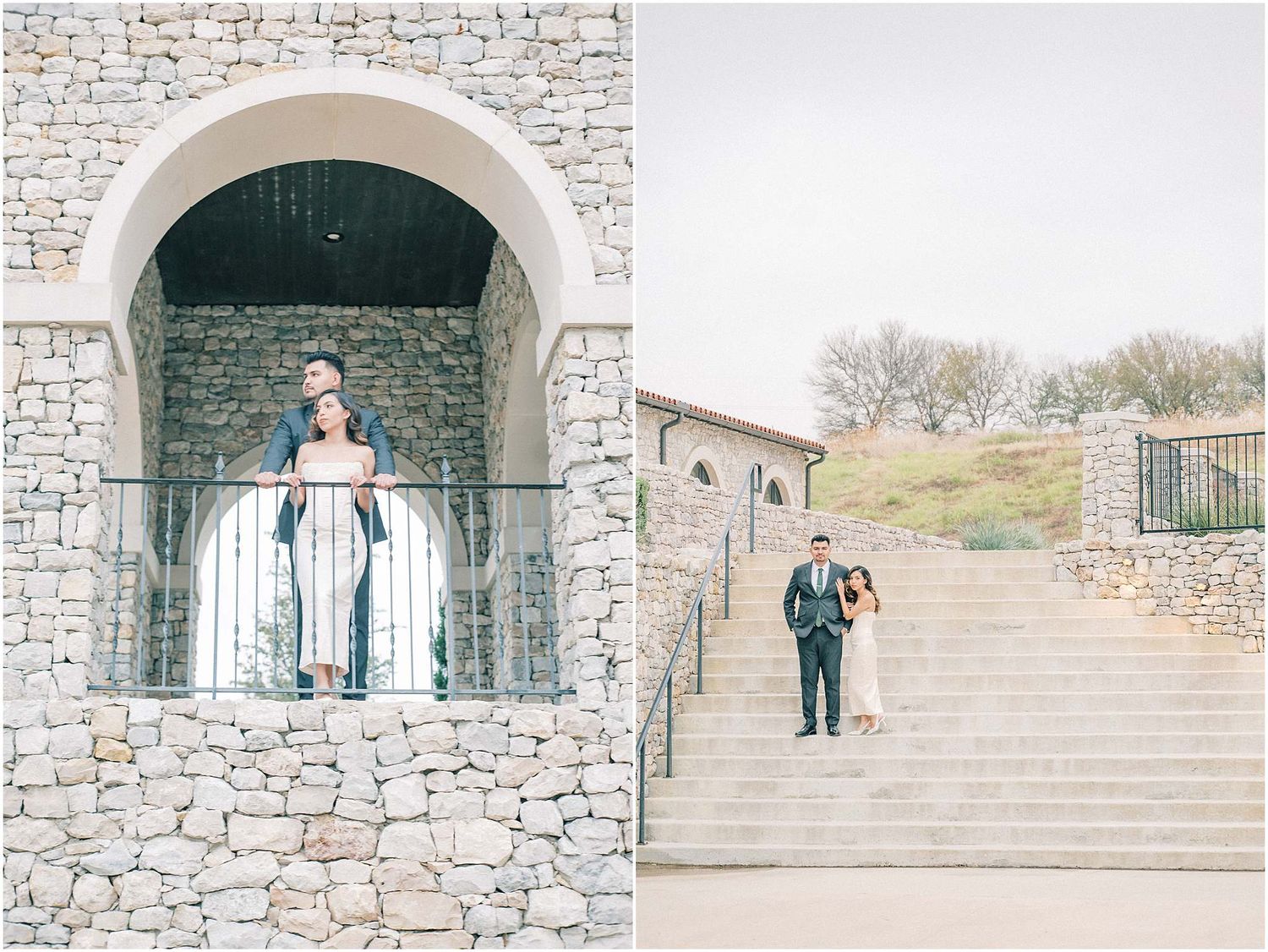 Stone staircase and archways with white curtains frame a rustic outdoor venue setting.