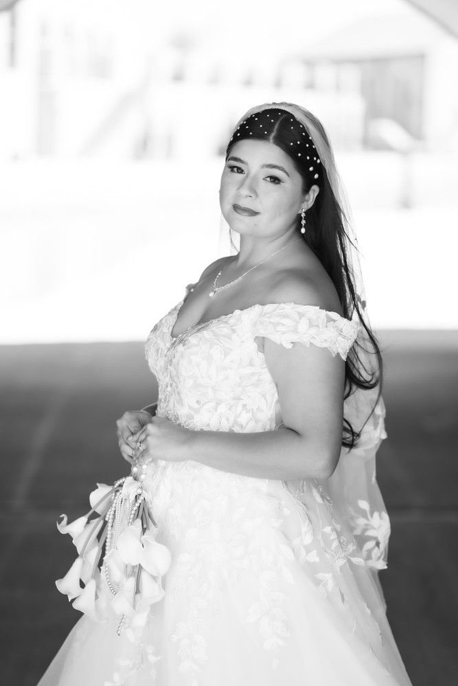 A series of artistic black and white bridal portraits showing elegant poses against a light background.