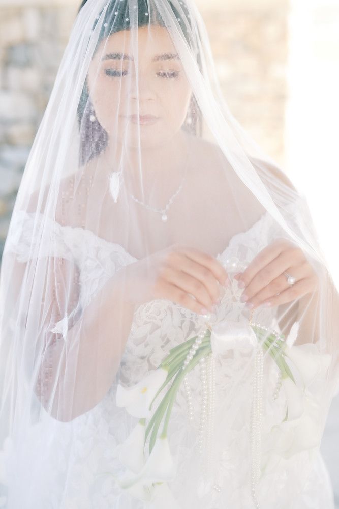 Ethereal bridal portrait through sheer veil with soft natural lighting.