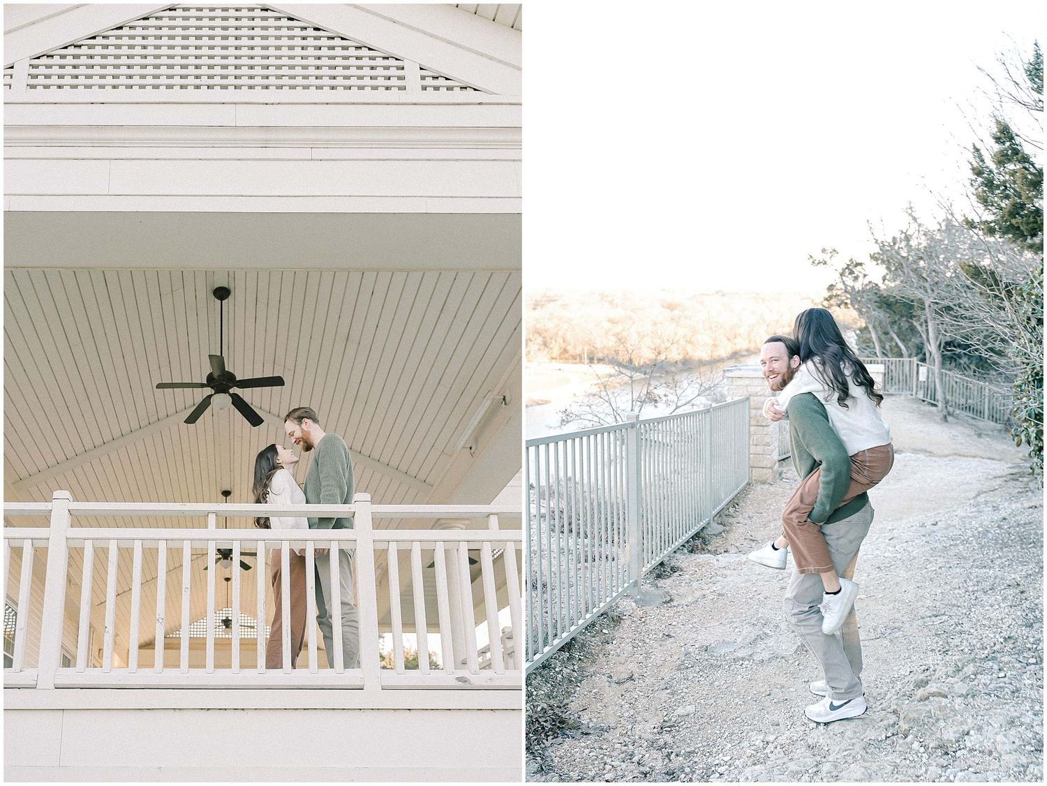 A couple shares romantic moments in a white gazebo and on a scenic hiking trail.