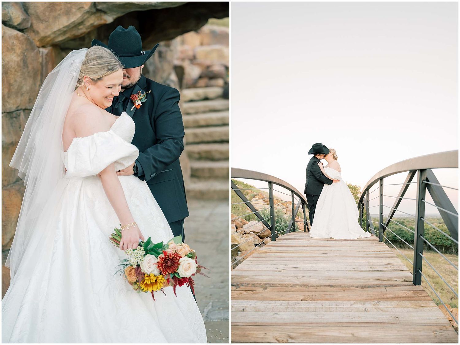 A wedding couple poses for romantic photos on a rustic wooden bridge and stone wall with colorful autumn bouquet.