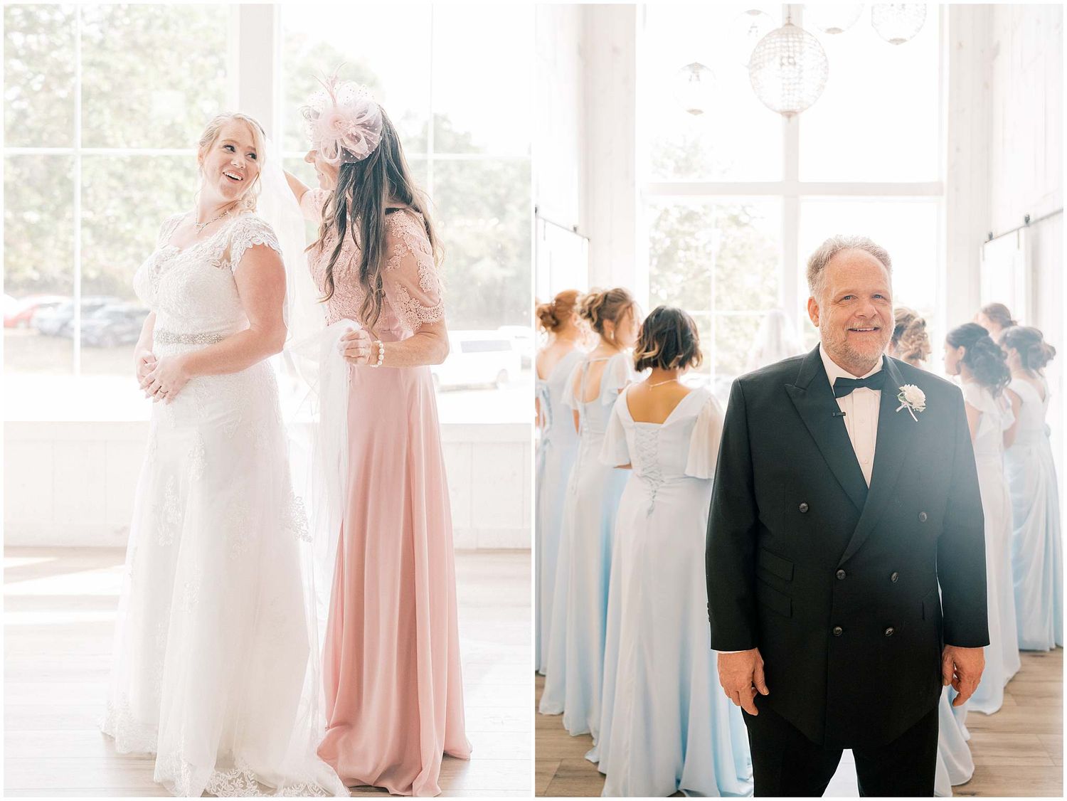 A collage of wedding photos showing bridesmaids in pink dresses and formal attire at an elegant indoor venue.