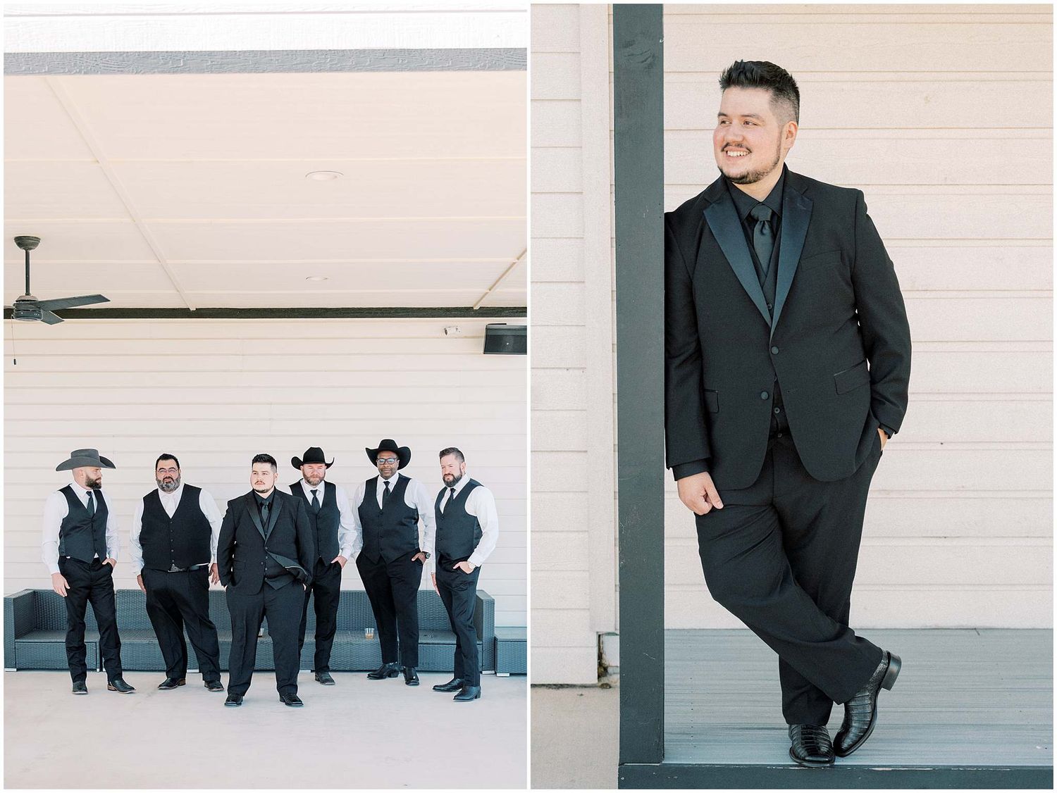 Wedding party members in black suits posing against a white wall in various candid formations.