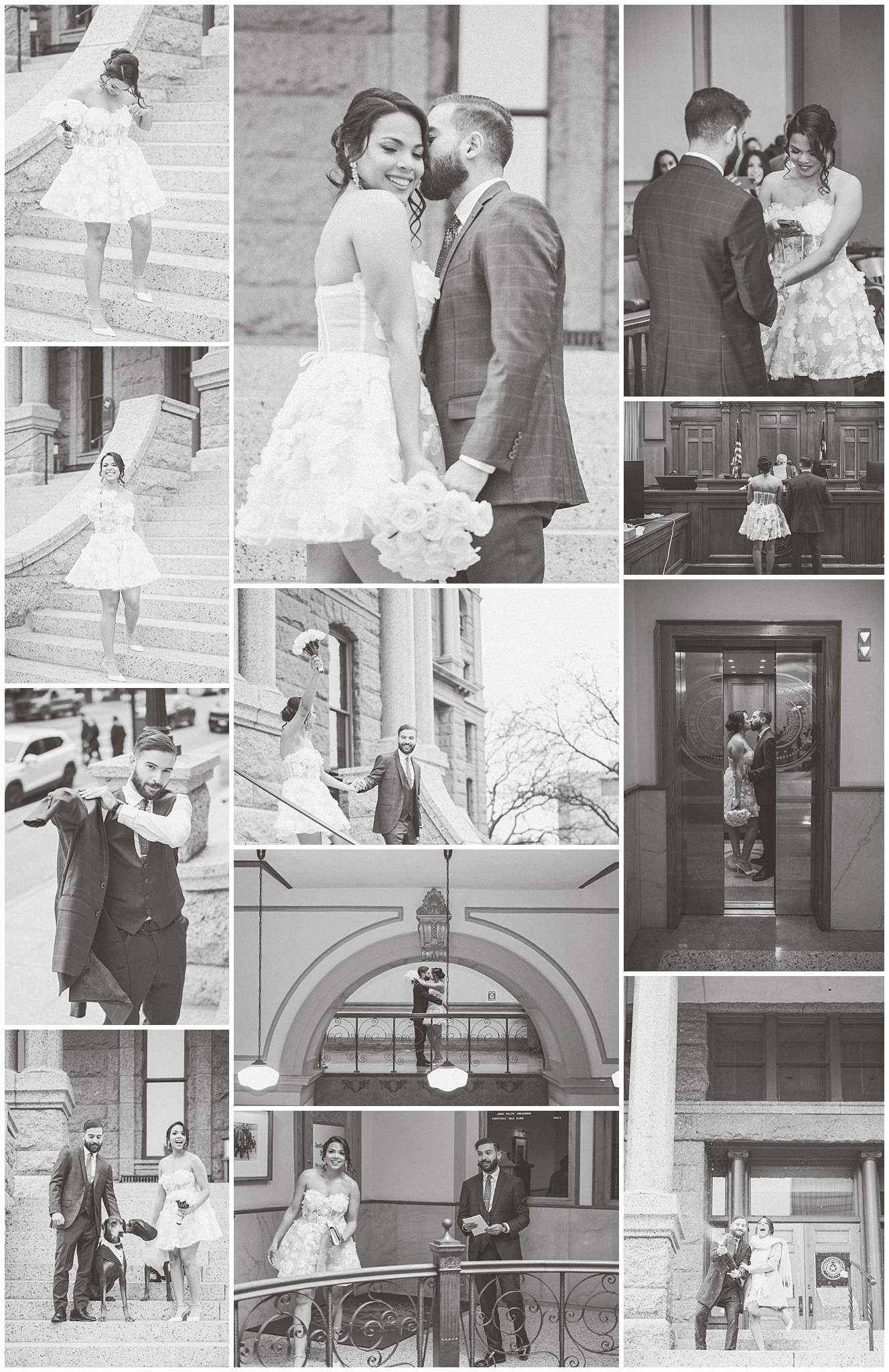 A collage of monochrome wedding photographs capturing tender moments between couples at various outdoor and indoor venues.