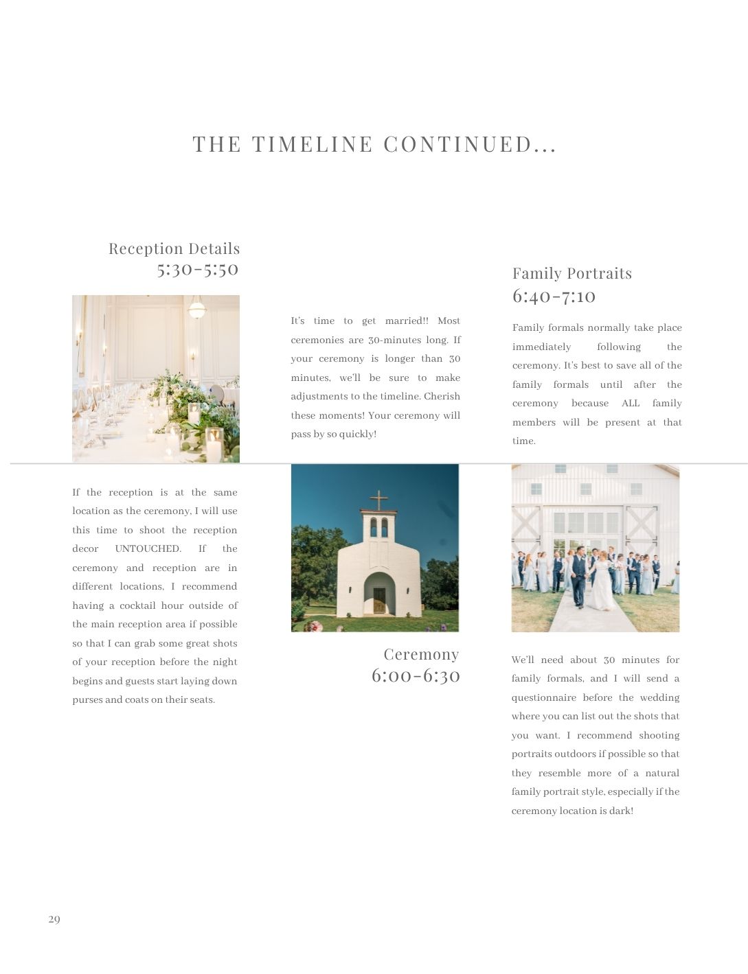Wedding timeline layout with ceremony and reception details, featuring a church exterior and family portrait photos.