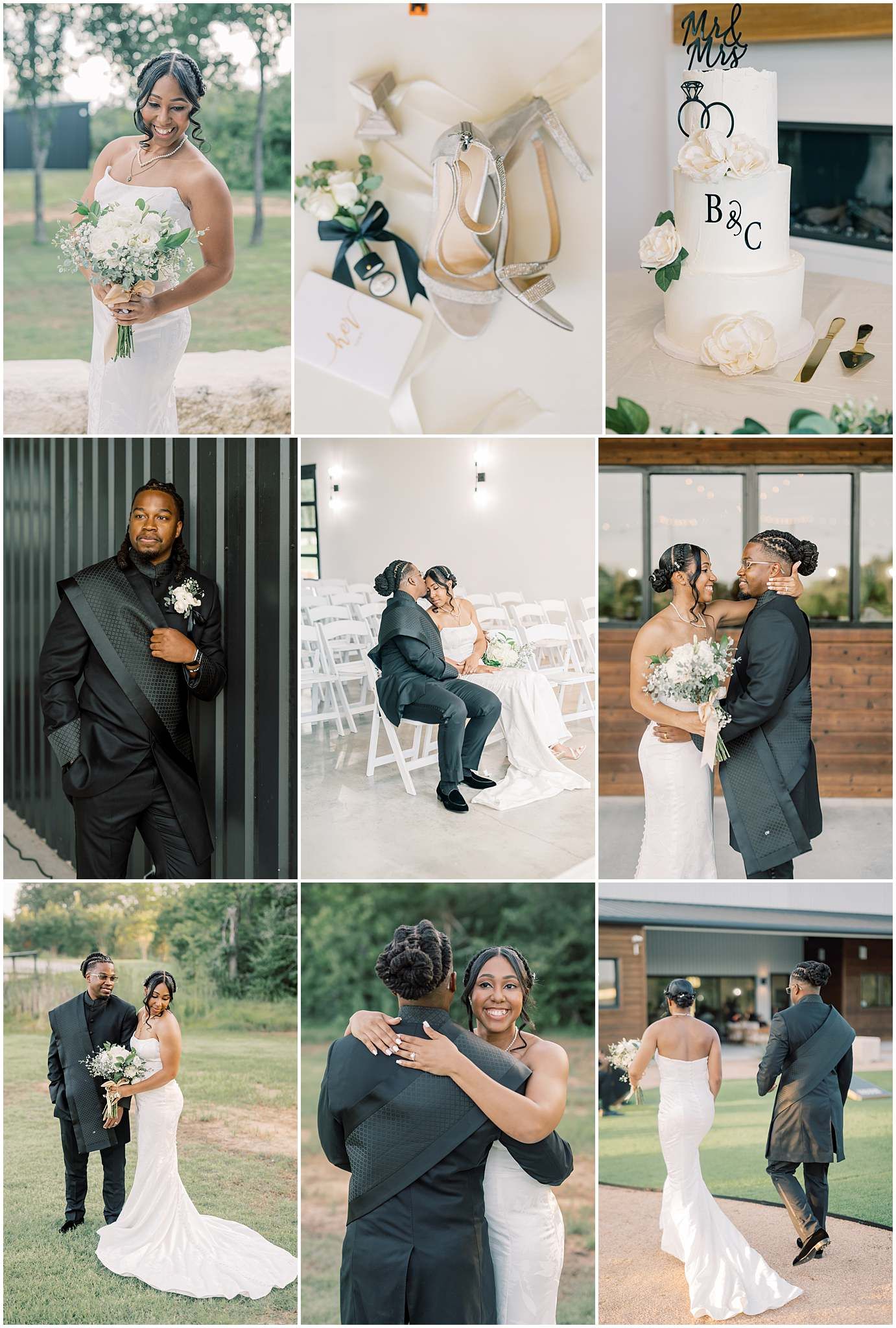 Elegant Black couple wedding collage featuring bride in white gown, groom in black suit, cake, and ceremony details.