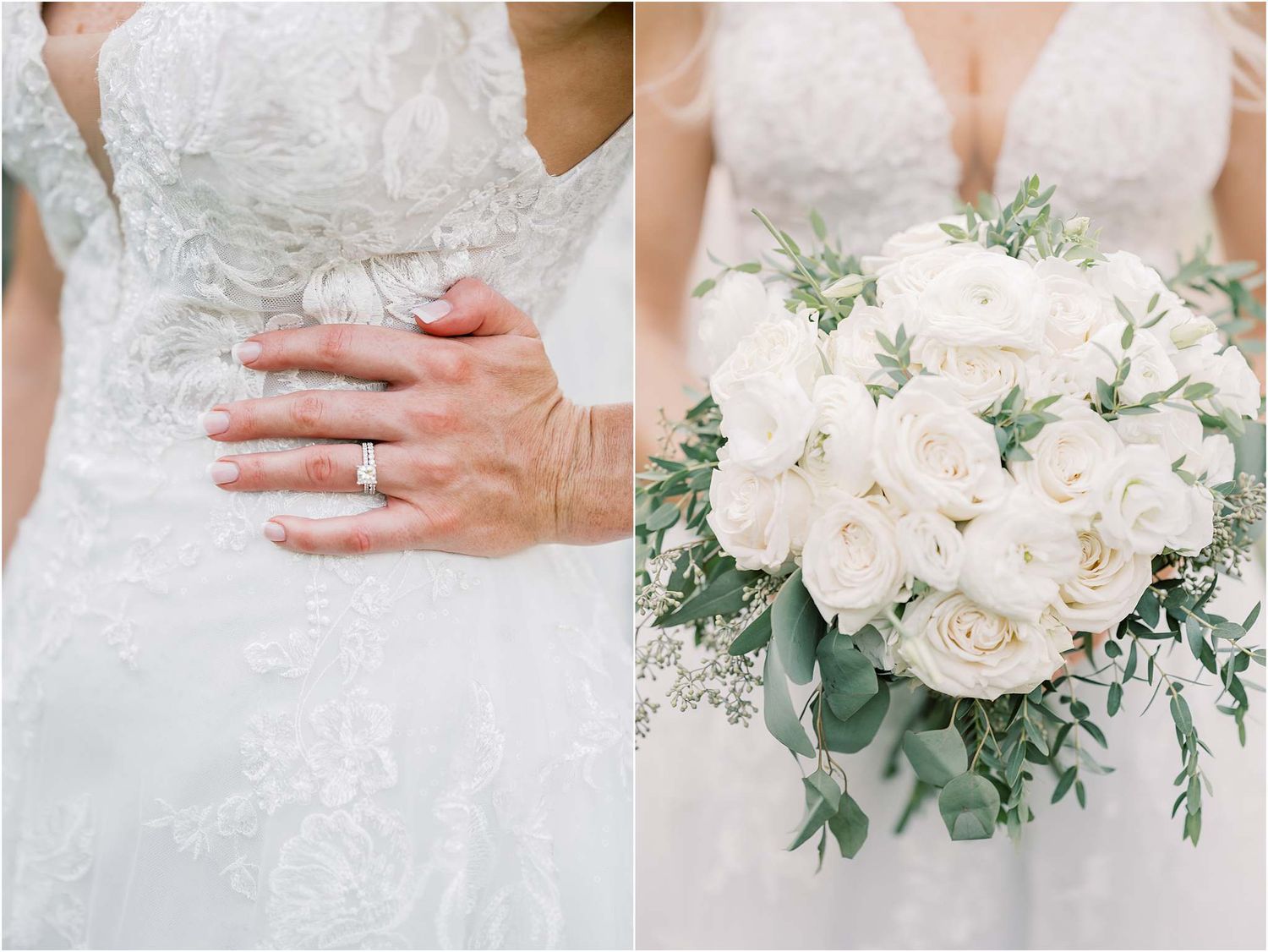 Wedding dress details and white rose bouquet with delicate lace accents.