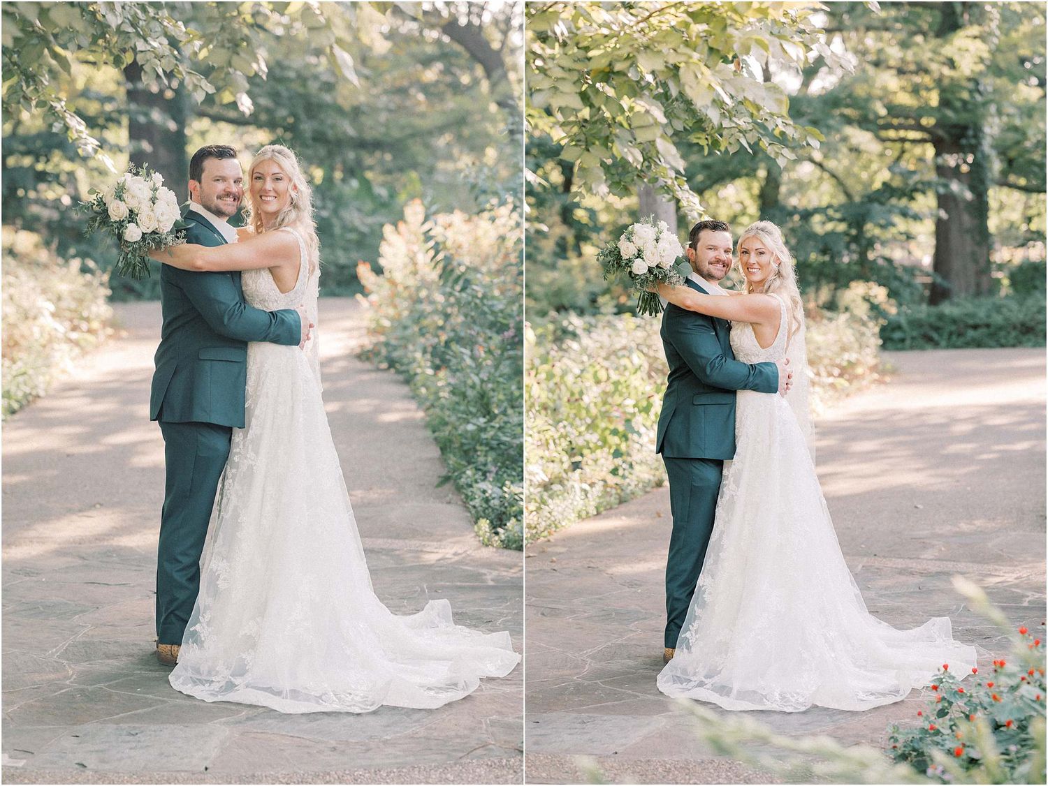 Bride and groom embrace during outdoor wedding photoshoot in natural garden setting.
