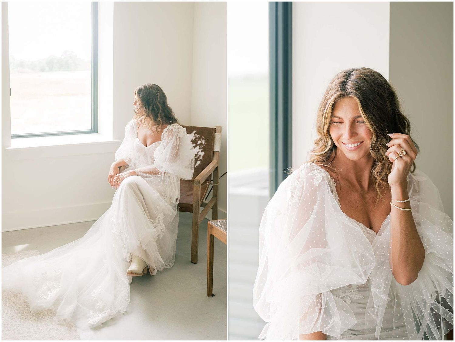 Candid wedding preparation moments photographed in a bright, airy room with natural lighting.