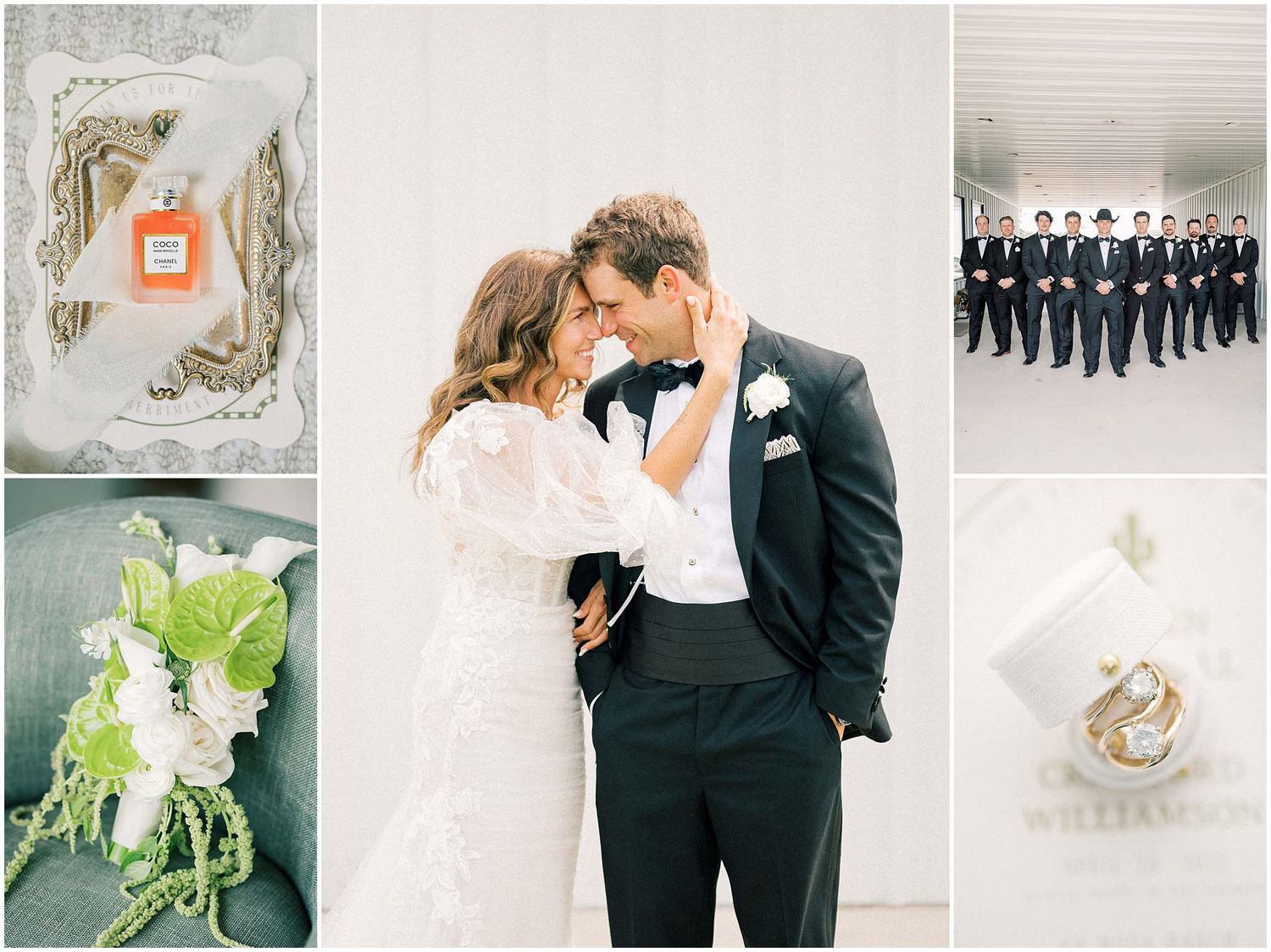 Wedding detail collage showing floral arrangements, formal attire, and elegant decor elements.