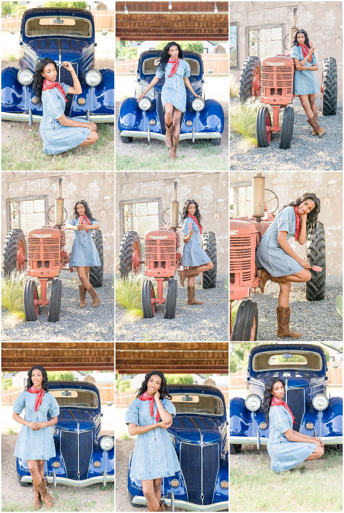 Young woman in chambray dress and cowboy boots posing with vintage blue car and red tractor on a farm.