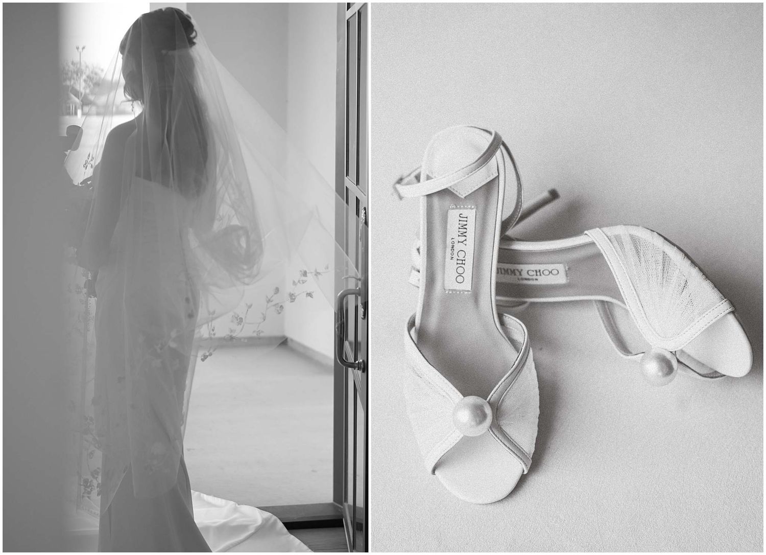 Elegant white bridal shoes and accessories arranged artistically in black and white.
