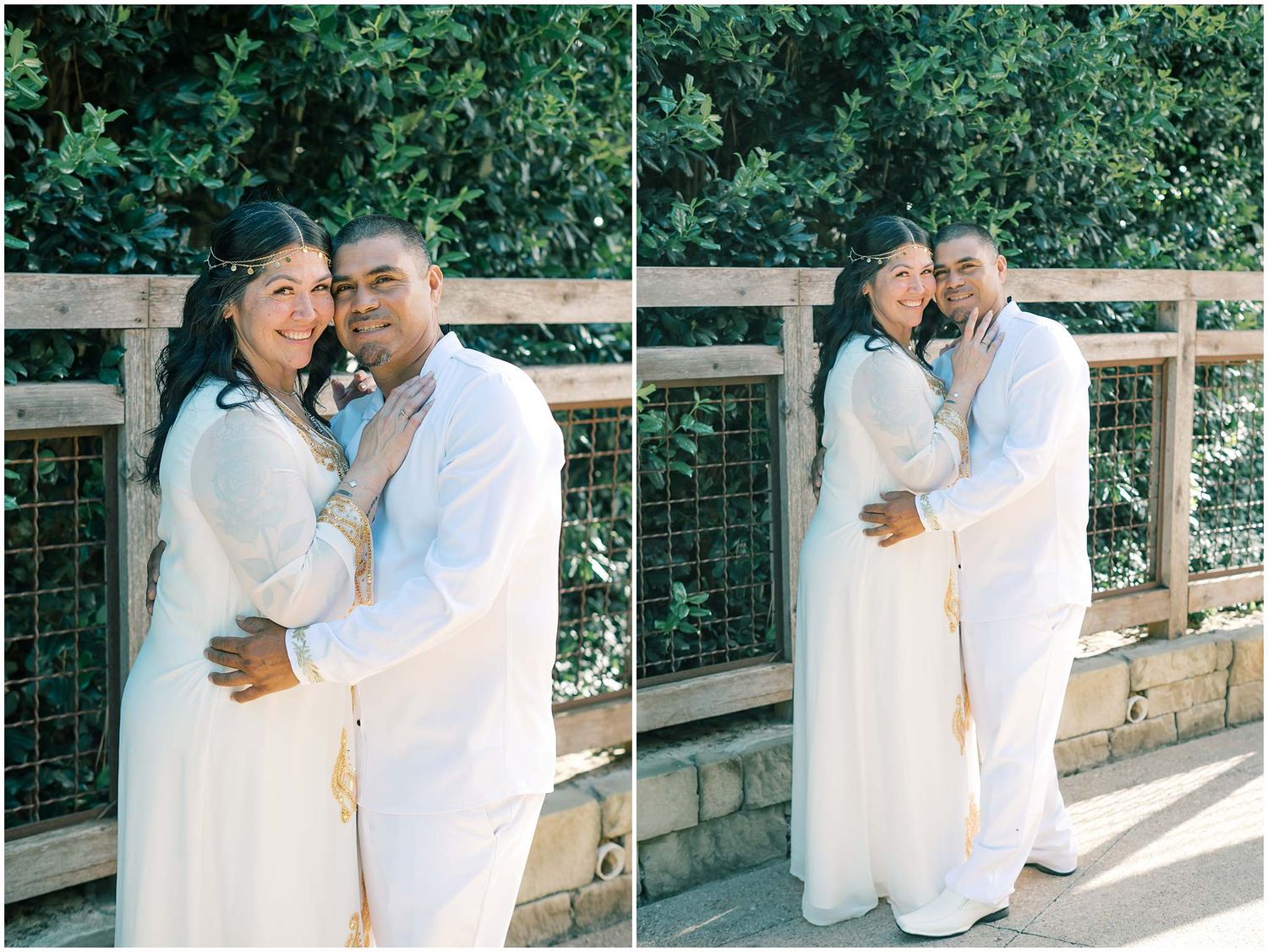 A couple in matching white outfits shares tender moments on outdoor steps.