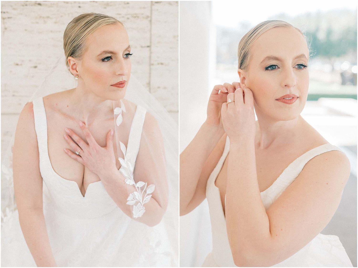 Elegant bridal portraits showcasing classic jewelry and wedding dress details.