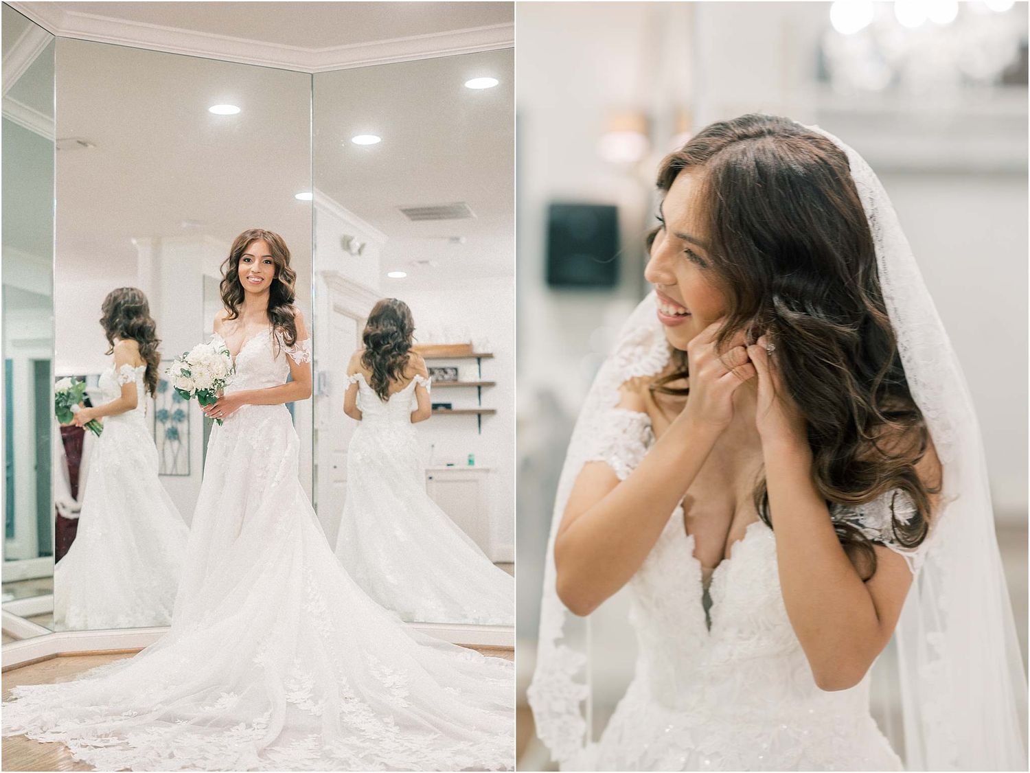 Wedding dress fitting session with multiple mirror reflections in bridal boutique.
