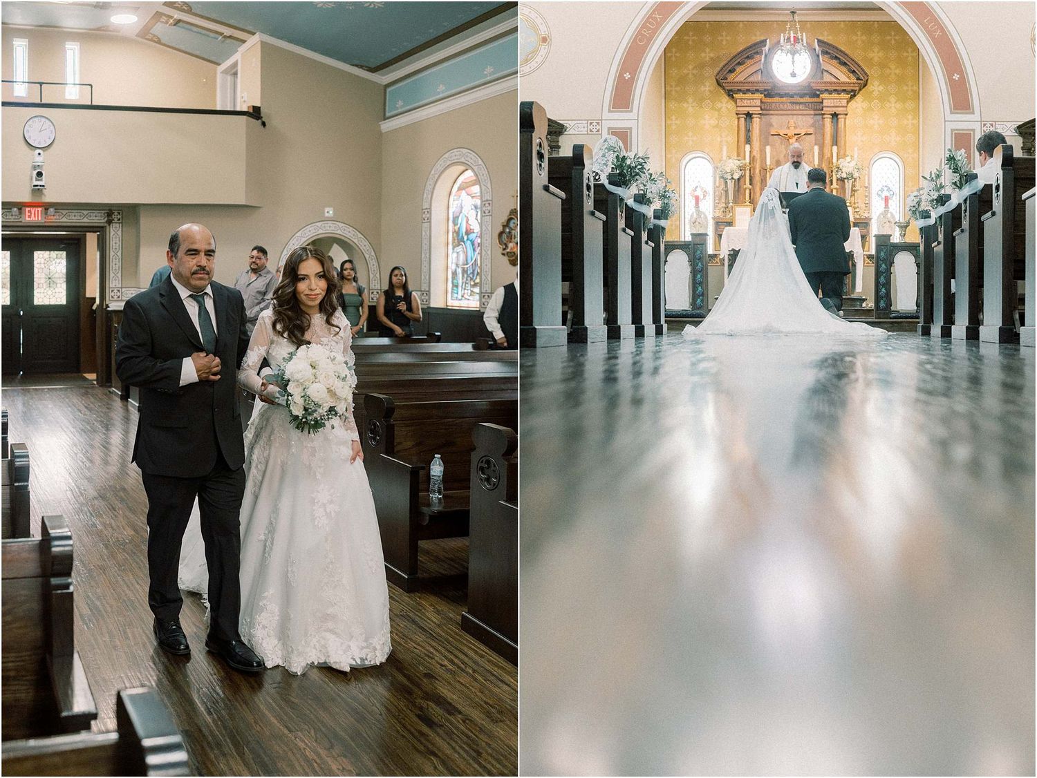 Church hallway and interior shots showing architectural details and wedding ceremony preparations.