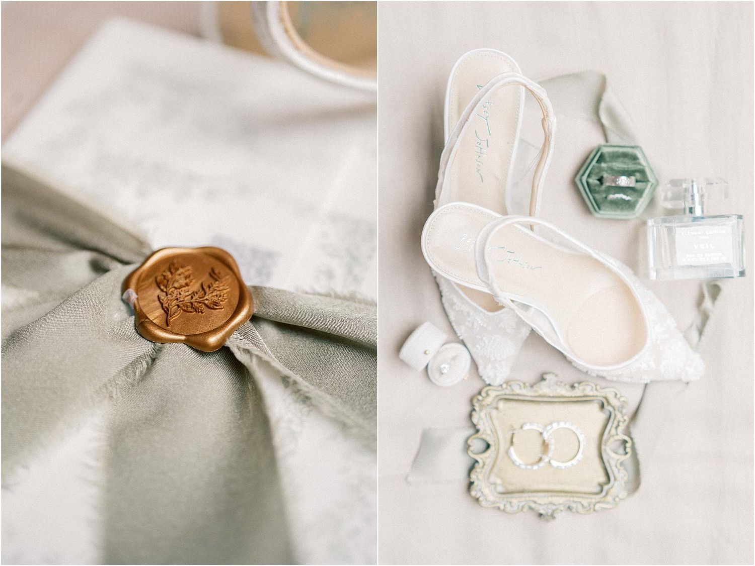 Wedding detail shots featuring a wax seal on fabric and delicate bridal accessories.