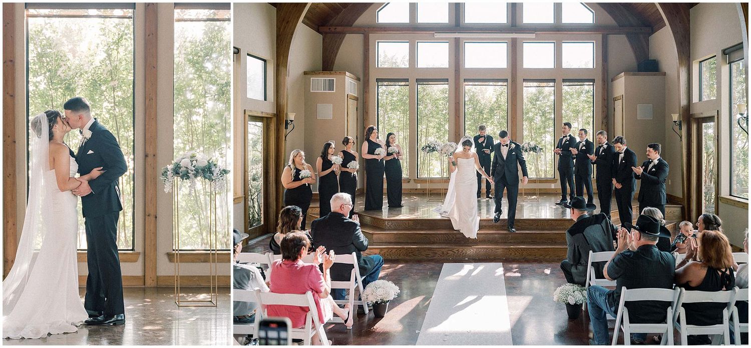 Wedding ceremony taking place in a bright, modern chapel with large windows and wooden beams.