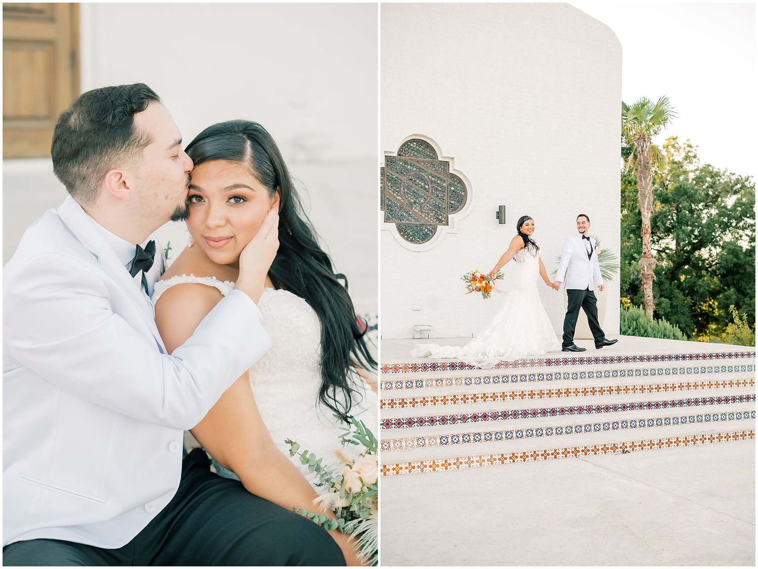 Elegant wedding photography session along a decorative tiled wall outdoors.