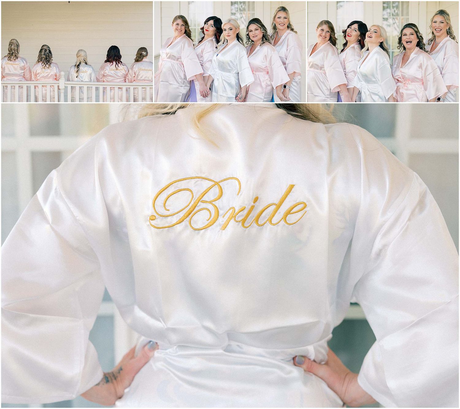 White satin robes with gold 'Bride' embroidery for wedding party preparation.
