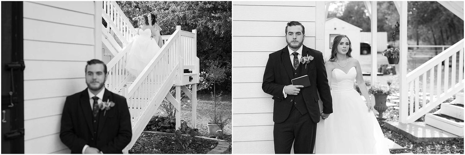 Black and white series of formal wedding party portraits against architectural elements.