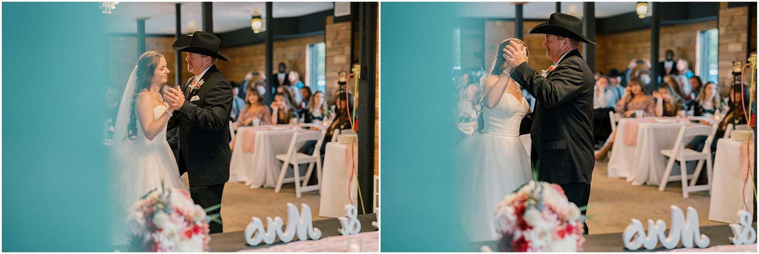 Couple performing an energetic dance move during their wedding reception.