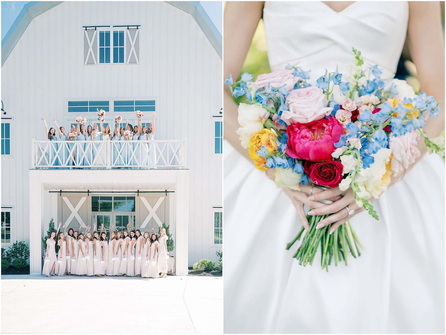 Bridesmaids in pink dresses pose outside a white barn venue beside a bride holding a colorful floral bouquet.
